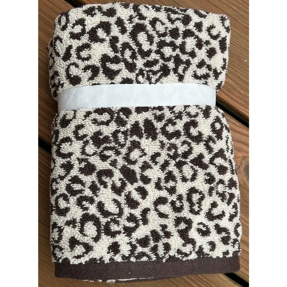 Rachel Zoe Leopard Hand Towels Cheetah Animal Print Tan Brown 100% Cotton 2 Pc